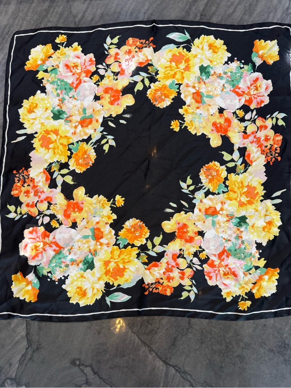 Vince camuto Floral Square Scarf in Black with Yellow & Coral Blooms
